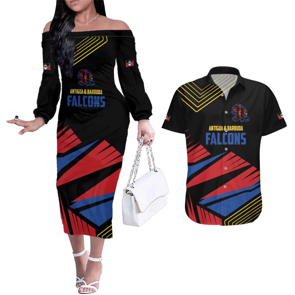 Custom Caribbean Cricket Antigua and Barbuda Couples Matching Off The Shoulder Long Sleeve Dress and Hawaiian Shirt - Wonder Print Shop