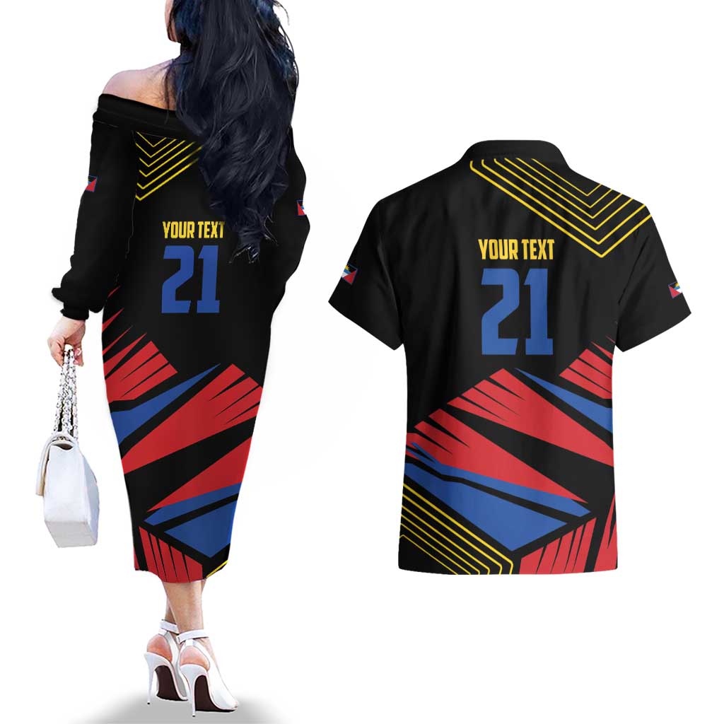 Custom Caribbean Cricket Antigua and Barbuda Couples Matching Off The Shoulder Long Sleeve Dress and Hawaiian Shirt - Wonder Print Shop