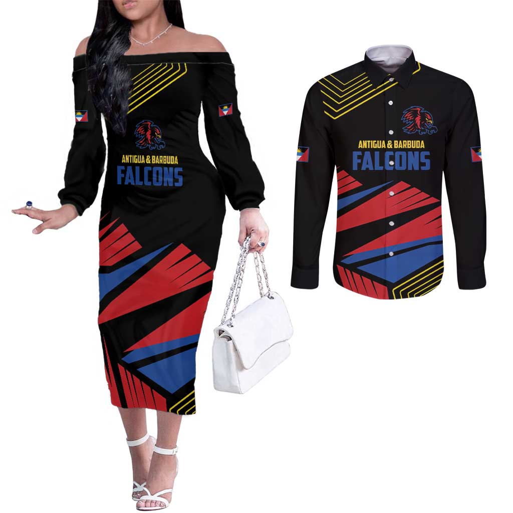 Custom Caribbean Cricket Antigua and Barbuda Couples Matching Off The Shoulder Long Sleeve Dress and Long Sleeve Button Shirt - Wonder Print Shop