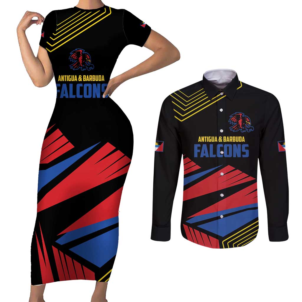 Custom Caribbean Cricket Antigua and Barbuda Couples Matching Short Sleeve Bodycon Dress and Long Sleeve Button Shirt - Wonder Print Shop