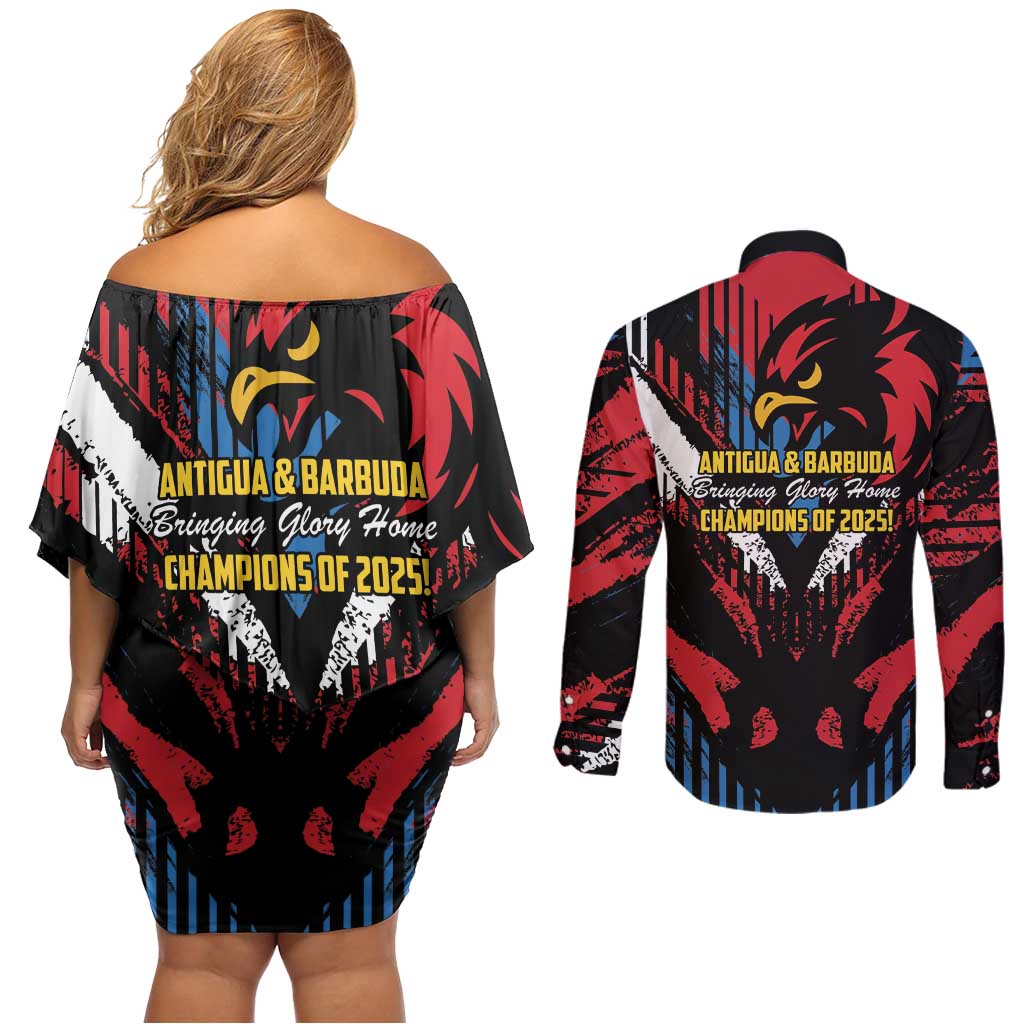 Caribbean Cricket Antigua and Barbuda Couples Matching Off Shoulder Short Dress and Long Sleeve Button Shirt First Crown Forever Proud - Wonder Print Shop