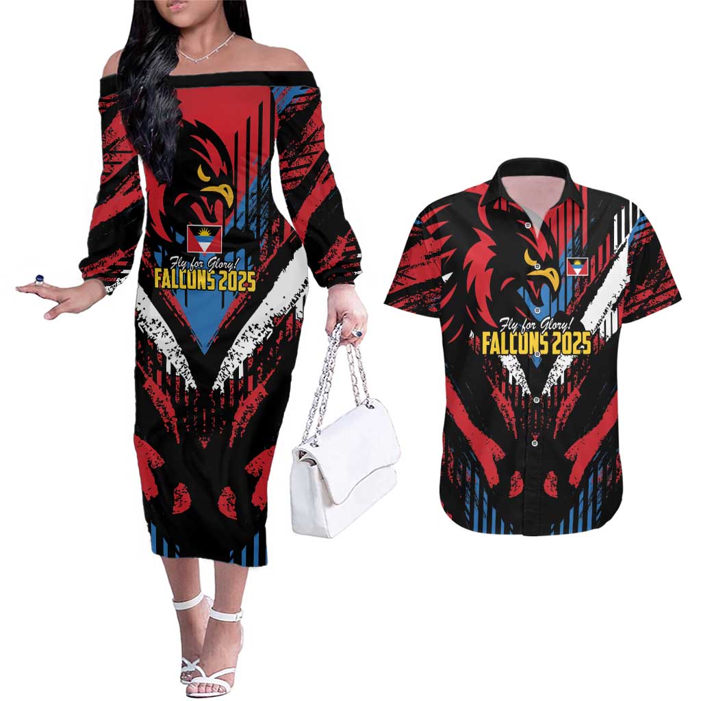 Caribbean Cricket Antigua and Barbuda Couples Matching Off The Shoulder Long Sleeve Dress and Hawaiian Shirt First Crown Forever Proud - Wonder Print Shop