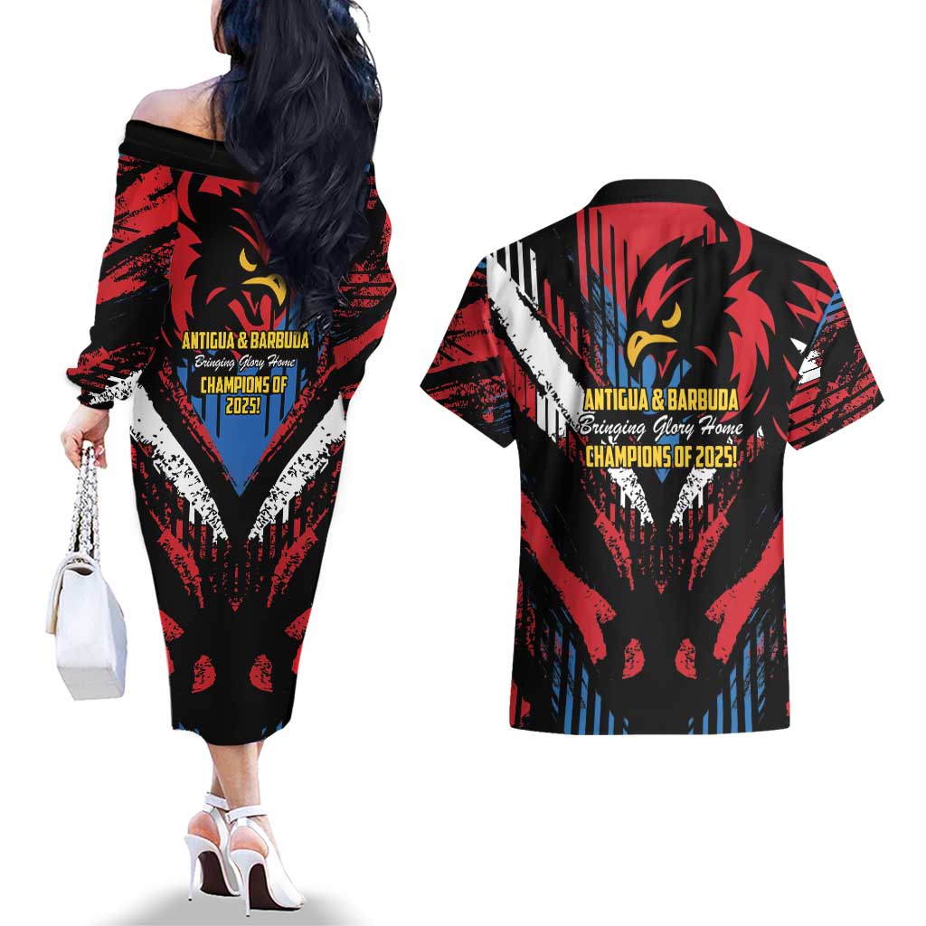 Caribbean Cricket Antigua and Barbuda Couples Matching Off The Shoulder Long Sleeve Dress and Hawaiian Shirt First Crown Forever Proud - Wonder Print Shop