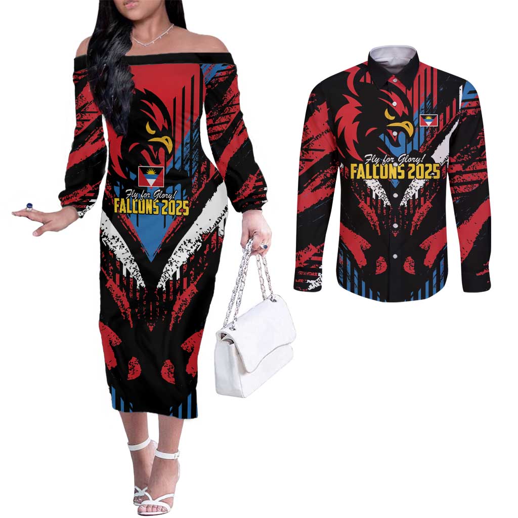 Caribbean Cricket Antigua and Barbuda Couples Matching Off The Shoulder Long Sleeve Dress and Long Sleeve Button Shirt First Crown Forever Proud - Wonder Print Shop