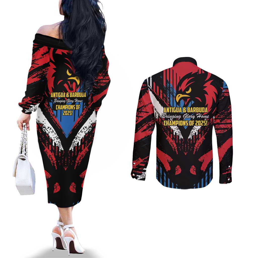 Caribbean Cricket Antigua and Barbuda Couples Matching Off The Shoulder Long Sleeve Dress and Long Sleeve Button Shirt First Crown Forever Proud - Wonder Print Shop