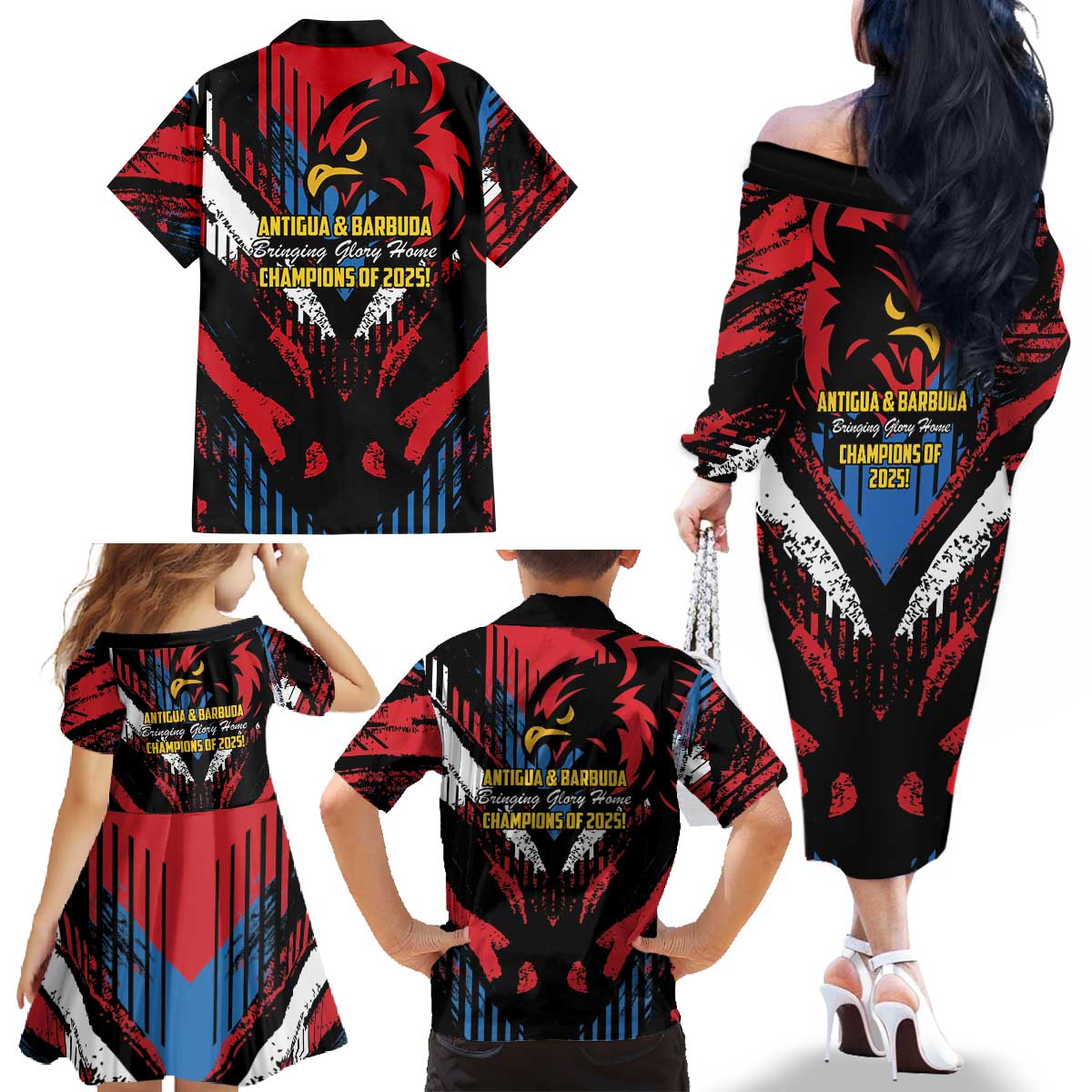 Caribbean Cricket Antigua and Barbuda Family Matching Off The Shoulder Long Sleeve Dress and Hawaiian Shirt First Crown Forever Proud - Wonder Print Shop