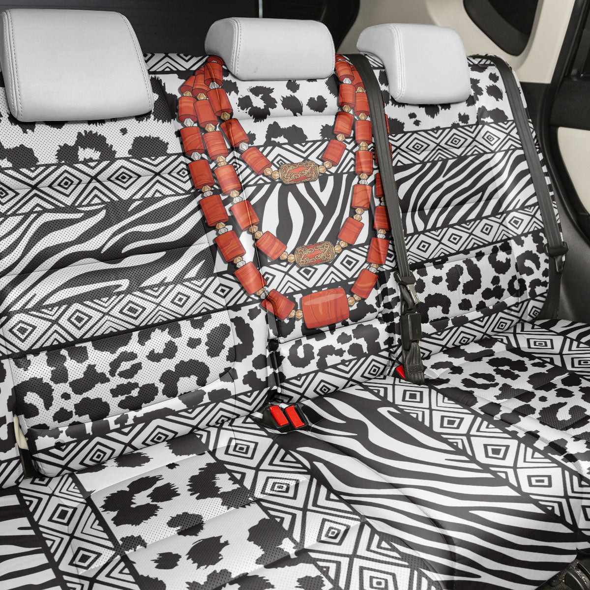 Nigeria Traditional Coral Bead Attire Back Car Seat Cover African Tribal Element Wild Animal Skins