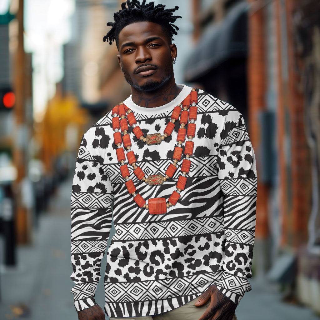 Nigeria Traditional Coral Bead Attire Long Sleeve Shirt African Tribal Element Wild Animal Skins