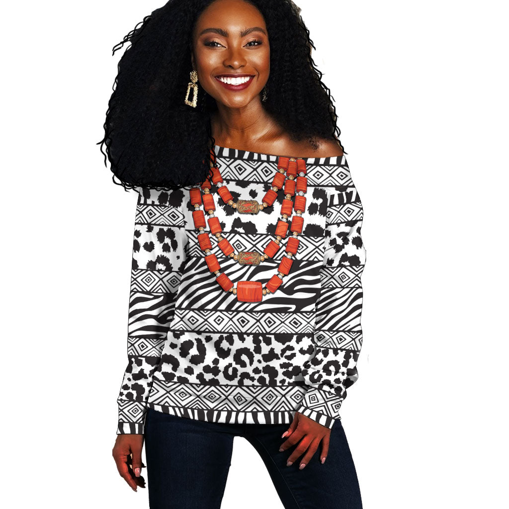 Nigeria Traditional Coral Bead Attire Off Shoulder Sweater African Tribal Element Wild Animal Skins