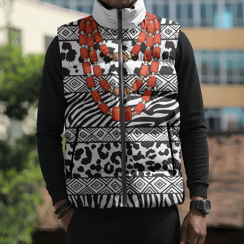 Nigeria Traditional Coral Bead Attire Sleeveless Puffer Jacket African Tribal Element Wild Animal Skins