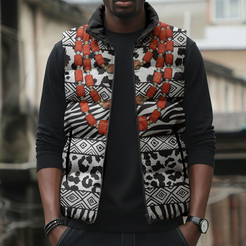 Nigeria Traditional Coral Bead Attire Sleeveless Puffer Jacket African Tribal Element Wild Animal Skins
