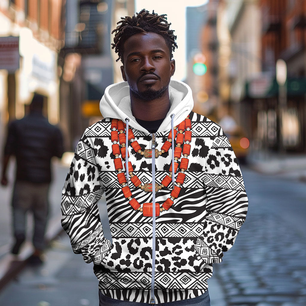 Nigeria Traditional Coral Bead Attire Zip Hoodie African Tribal Element Wild Animal Skins