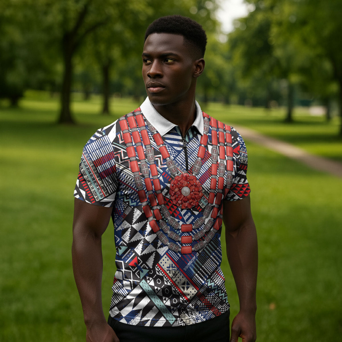 Nigeria Traditional Coral Bead Attire Zipper Polo Shirt Tribal African Style