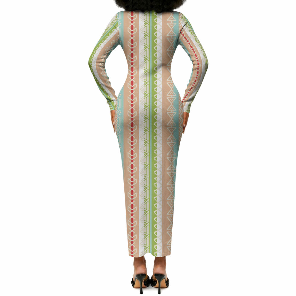 Nigerian Aso Oke African Ethnic Stripes Long Sleeve Bodycon Dress