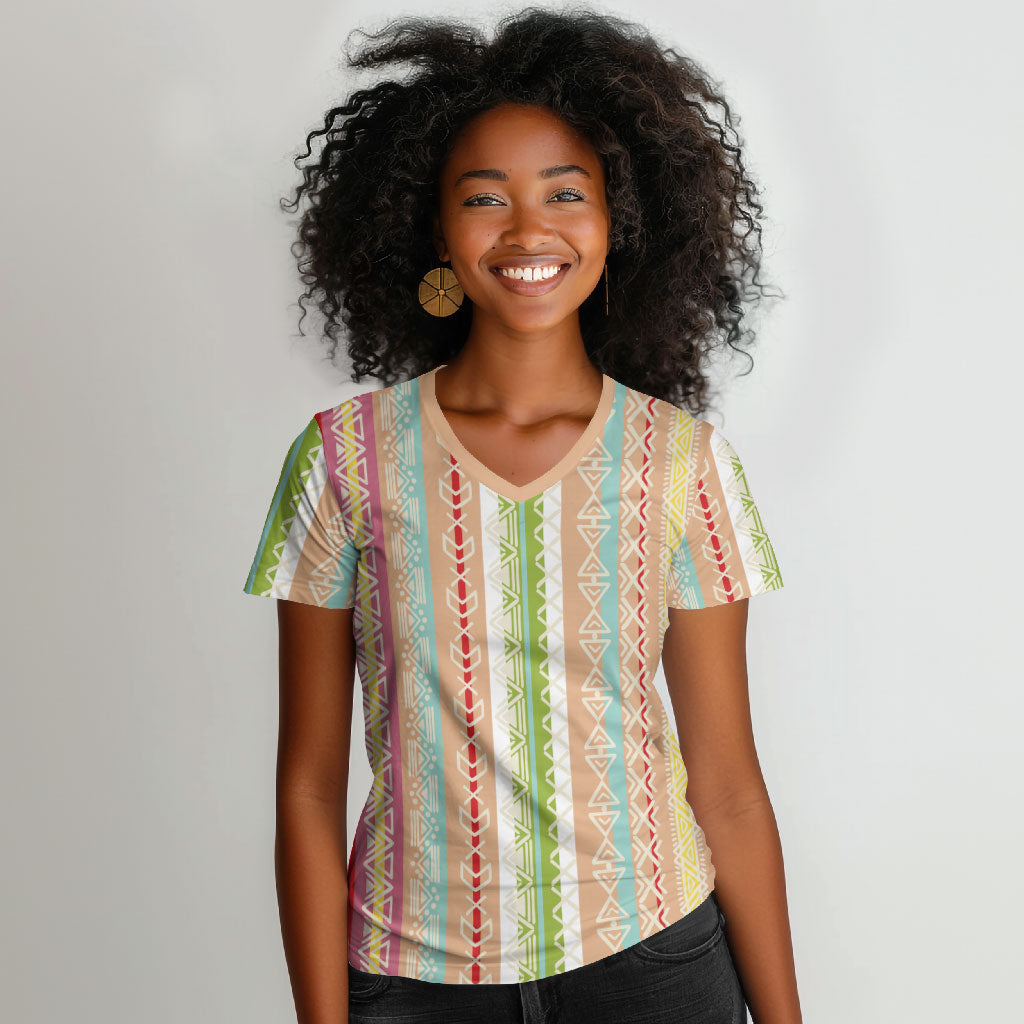 Nigerian Aso Oke African Ethnic Stripes Women V-Neck T-Shirt