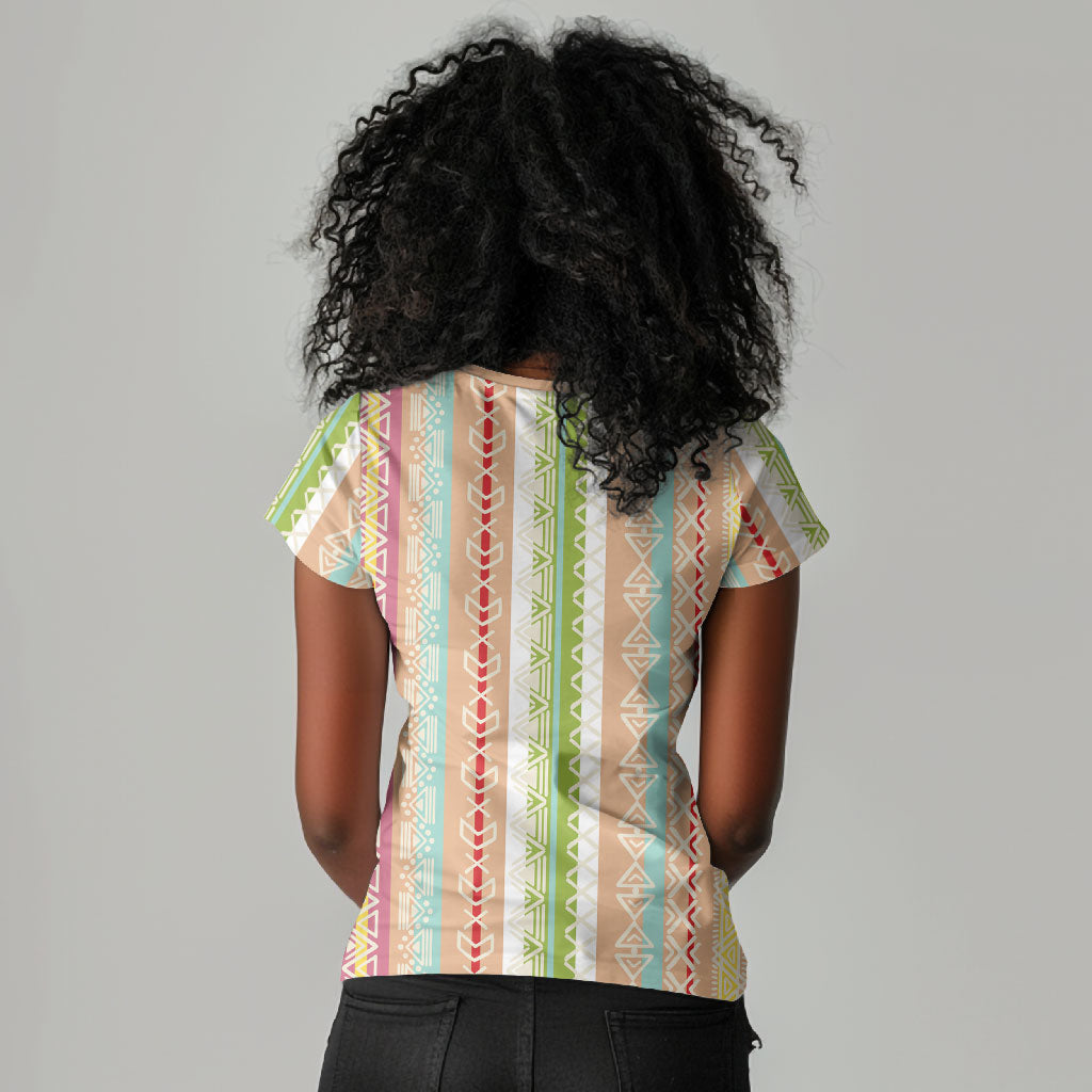 Nigerian Aso Oke African Ethnic Stripes Women V-Neck T-Shirt