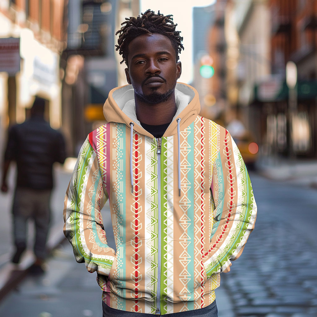 Nigerian Aso Oke African Ethnic Stripes Zip Hoodie