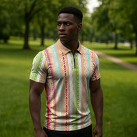 Nigerian Aso Oke African Ethnic Stripes Zipper Polo Shirt