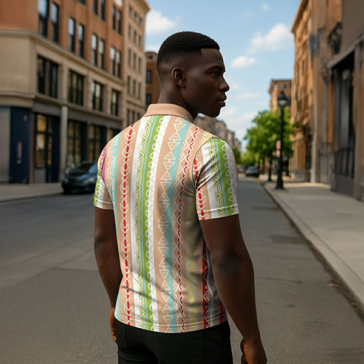 Nigerian Aso Oke African Ethnic Stripes Zipper Polo Shirt