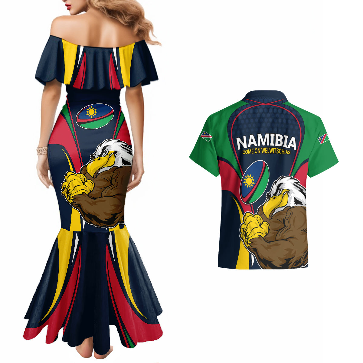 Namibia Rugby Couples Matching Mermaid Dress and Hawaiian Shirt World Cup 2023 Eagle Mascot Come On Welwitschias LT9 - Wonder Print Shop