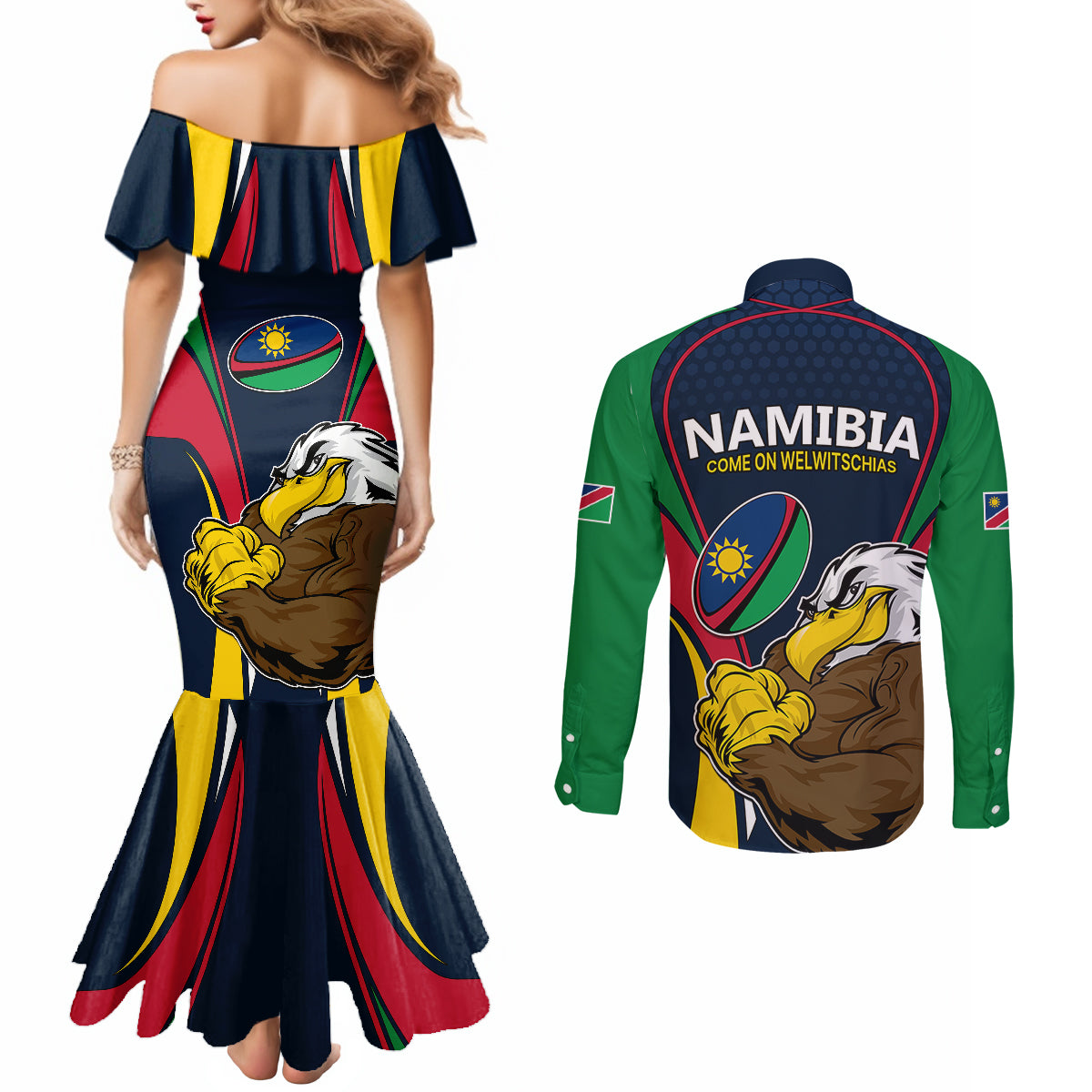 namibia-rugby-couples-matching-mermaid-dress-and-long-sleeve-button-shirts-world-cup-2023-eagle-mascot-come-on-welwitschias