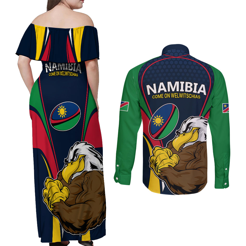Namibia Rugby Couples Matching Off Shoulder Maxi Dress and Long Sleeve Button Shirts World Cup 2023 Eagle Mascot Come On Welwitschias LT9 - Wonder Print Shop
