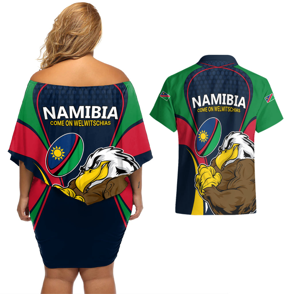 Namibia Rugby Couples Matching Off Shoulder Short Dress and Hawaiian Shirt World Cup 2023 Eagle Mascot Come On Welwitschias LT9 - Wonder Print Shop