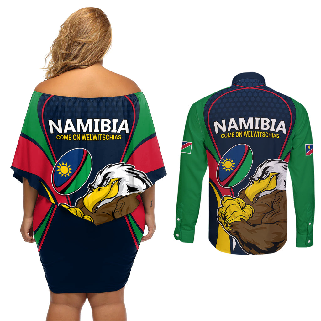 Namibia Rugby Couples Matching Off Shoulder Short Dress and Long Sleeve Button Shirts World Cup 2023 Eagle Mascot Come On Welwitschias LT9 - Wonder Print Shop
