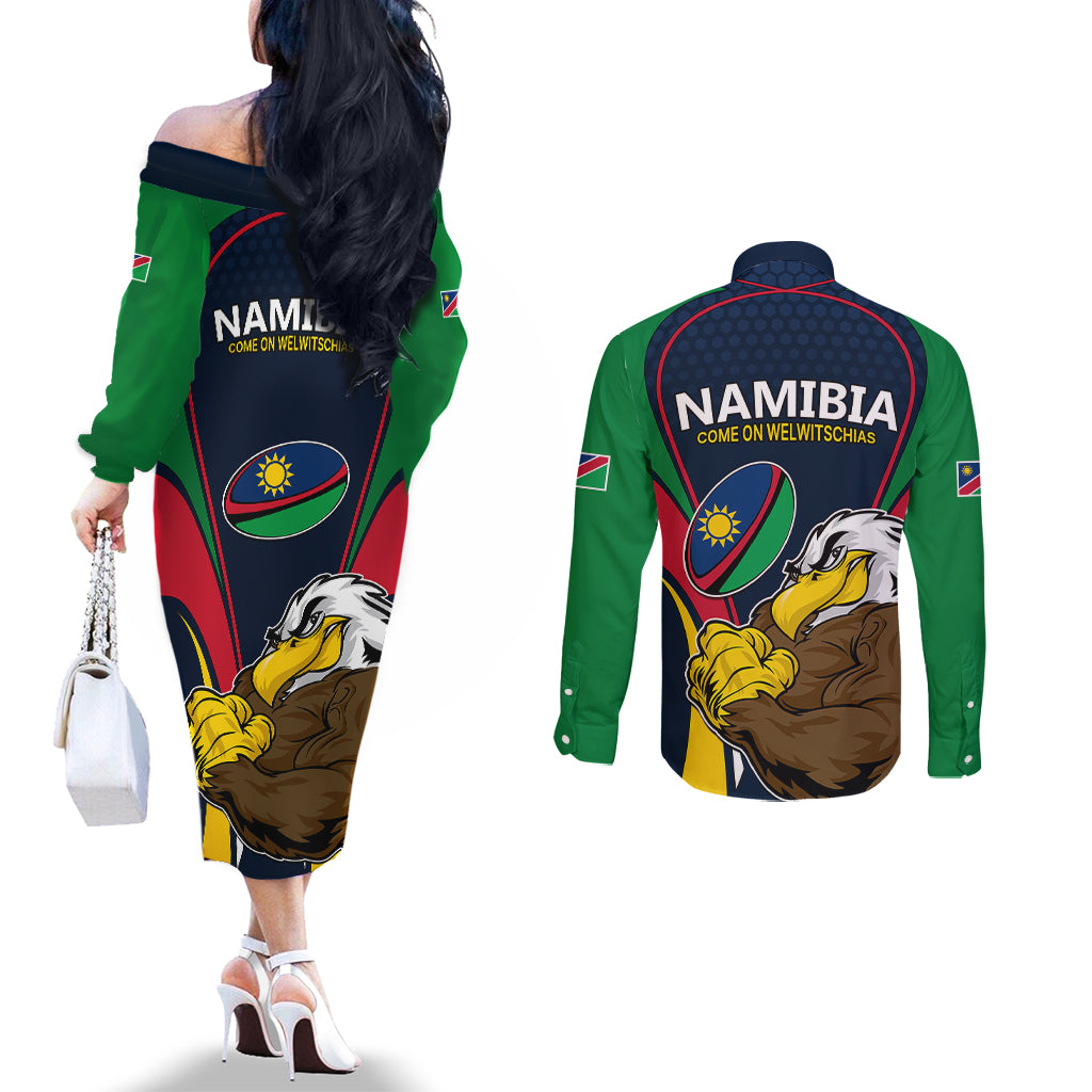 namibia-rugby-couples-matching-off-the-shoulder-long-sleeve-dress-and-long-sleeve-button-shirts-world-cup-2023-eagle-mascot-come-on-welwitschias