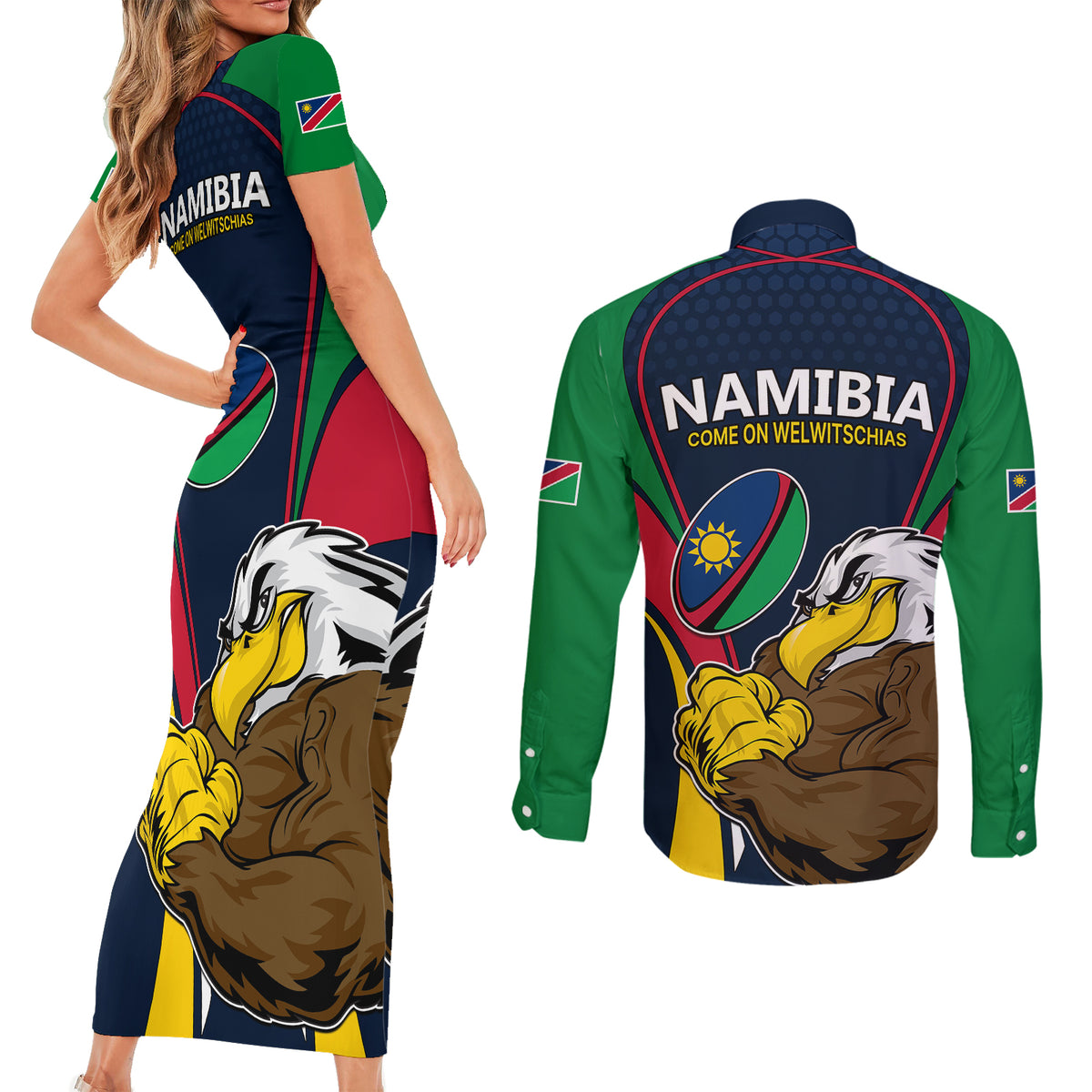 Namibia Rugby Couples Matching Short Sleeve Bodycon Dress and Long Sleeve Button Shirts World Cup 2023 Eagle Mascot Come On Welwitschias LT9 - Wonder Print Shop