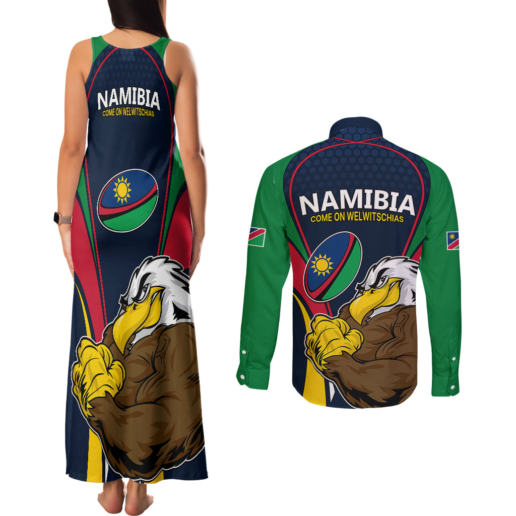 Namibia Rugby Couples Matching Tank Maxi Dress and Long Sleeve Button Shirts World Cup 2023 Eagle Mascot Come On Welwitschias LT9 - Wonder Print Shop
