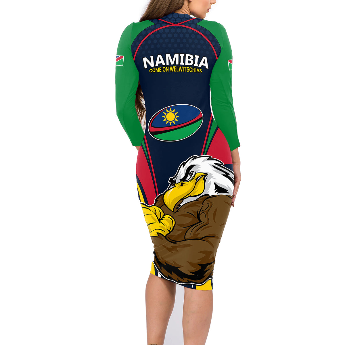 Namibia Rugby Family Matching Long Sleeve Bodycon Dress and Hawaiian Shirt World Cup 2023 Eagle Mascot Come On Welwitschias LT9 - Wonder Print Shop