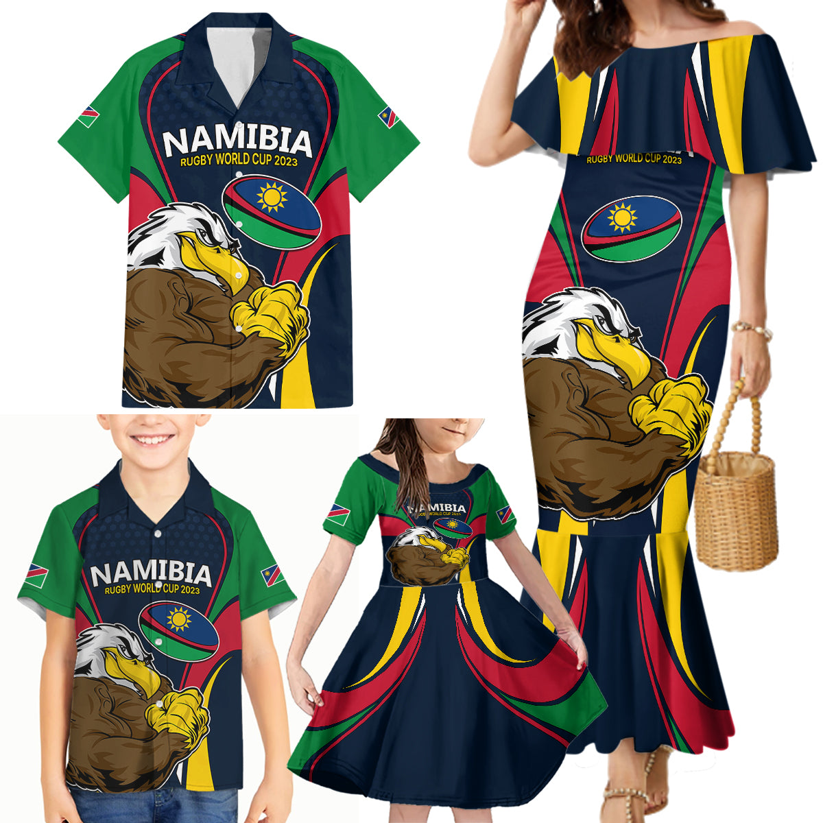 Namibia Rugby Family Matching Mermaid Dress and Hawaiian Shirt World Cup 2023 Eagle Mascot Come On Welwitschias LT9 - Wonder Print Shop