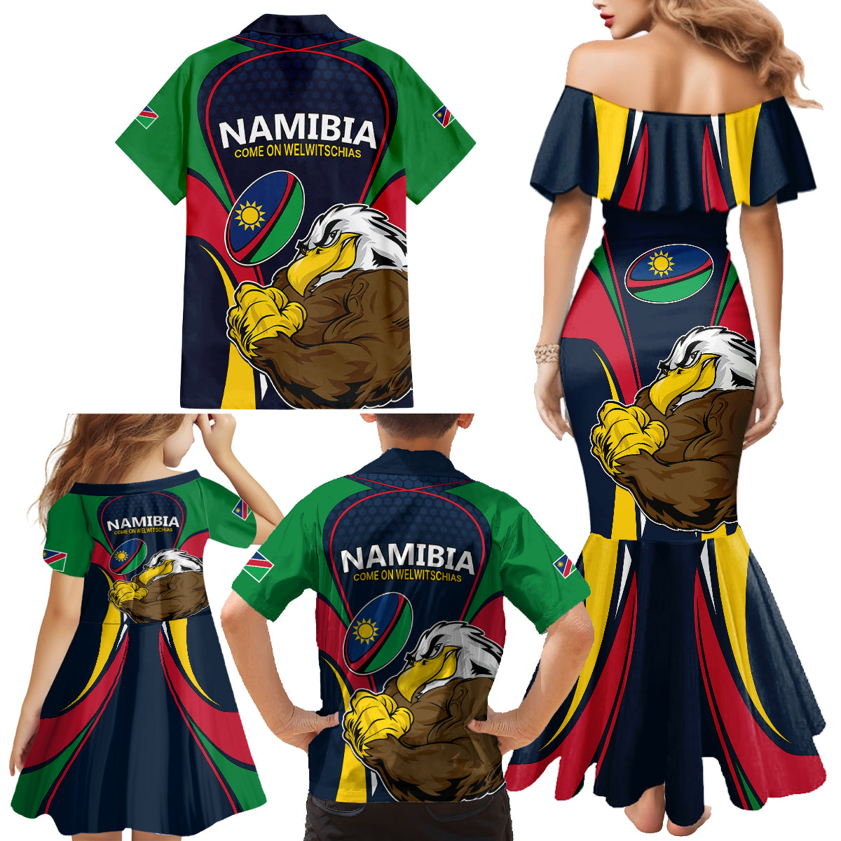 Namibia Rugby Family Matching Mermaid Dress and Hawaiian Shirt World Cup 2023 Eagle Mascot Come On Welwitschias LT9 - Wonder Print Shop