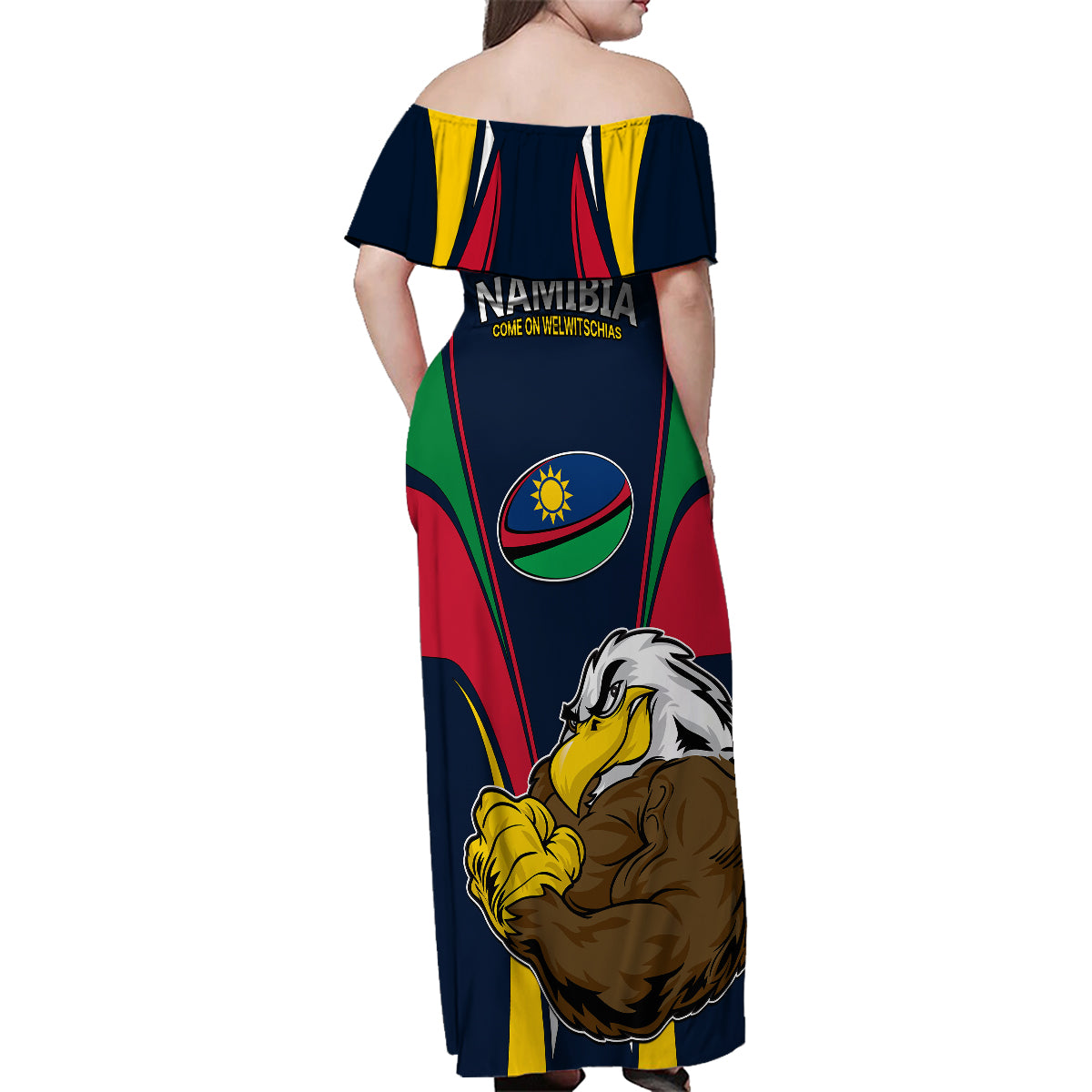 Namibia Rugby Family Matching Off Shoulder Maxi Dress and Hawaiian Shirt World Cup 2023 Eagle Mascot Come On Welwitschias LT9 - Wonder Print Shop