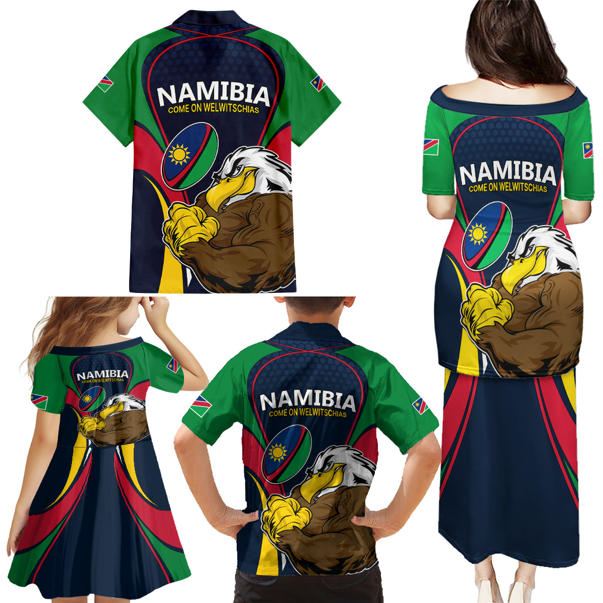 Namibia Rugby Family Matching Puletasi Dress and Hawaiian Shirt World Cup 2023 Eagle Mascot Come On Welwitschias - Wonder Print Shop