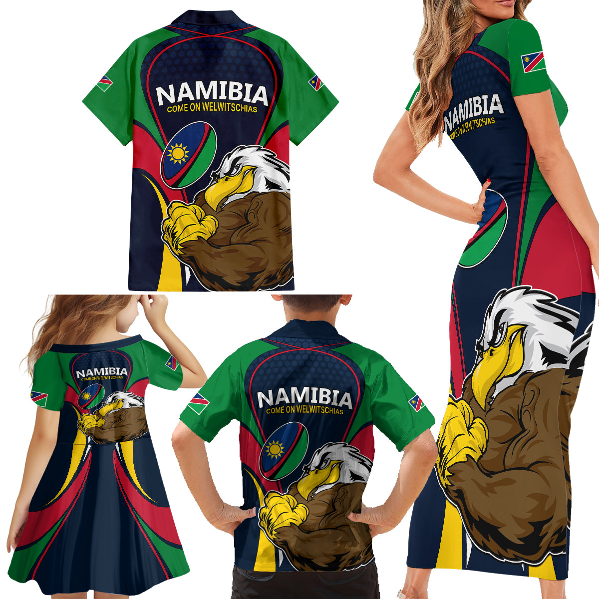 Namibia Rugby Family Matching Short Sleeve Bodycon Dress and Hawaiian Shirt World Cup 2023 Eagle Mascot Come On Welwitschias - Wonder Print Shop