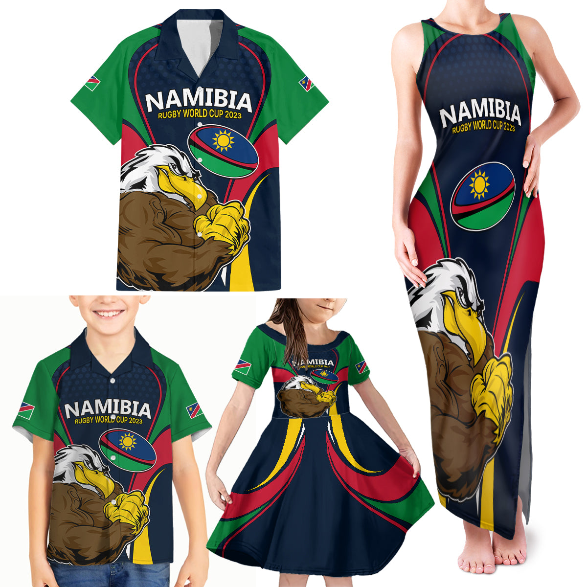 Namibia Rugby Family Matching Tank Maxi Dress and Hawaiian Shirt World Cup 2023 Eagle Mascot Come On Welwitschias - Wonder Print Shop