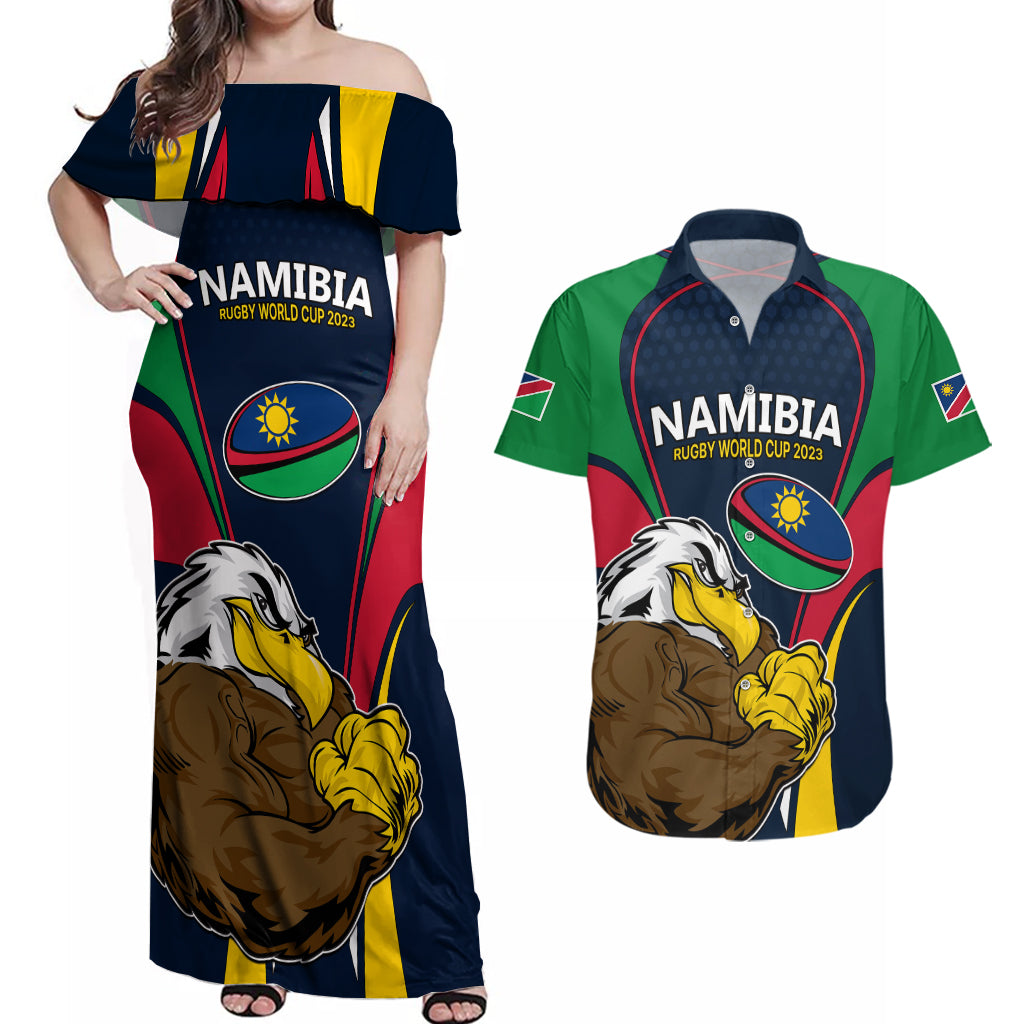 Custom Namibia Rugby Couples Matching Off Shoulder Maxi Dress and Hawaiian Shirt World Cup 2023 Eagle Mascot Come On Welwitschias LT9 - Wonder Print Shop