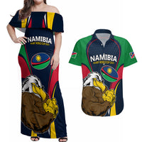 Custom Namibia Rugby Couples Matching Off Shoulder Maxi Dress and Hawaiian Shirt World Cup 2023 Eagle Mascot Come On Welwitschias LT9 - Wonder Print Shop