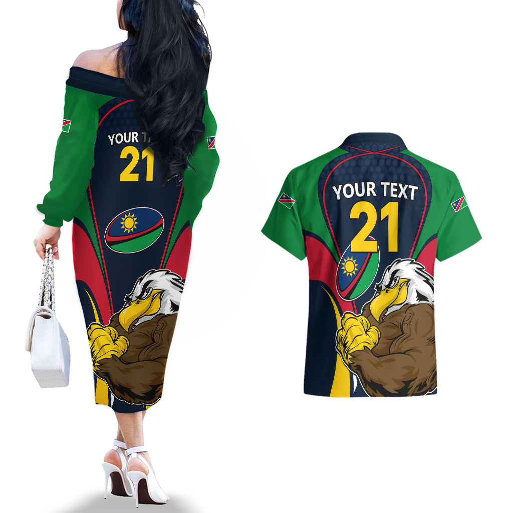 Custom Namibia Rugby Couples Matching Off The Shoulder Long Sleeve Dress and Hawaiian Shirt World Cup 2023 Eagle Mascot Come On Welwitschias LT9 - Wonder Print Shop
