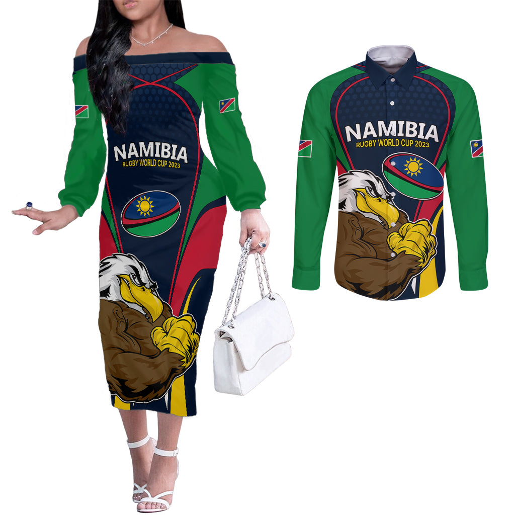 custom-namibia-rugby-couples-matching-off-the-shoulder-long-sleeve-dress-and-long-sleeve-button-shirts-world-cup-2023-eagle-mascot-come-on-welwitschias