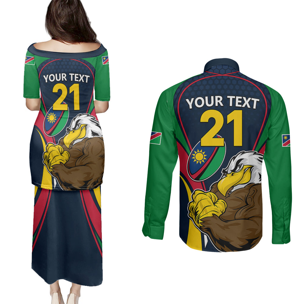 Custom Namibia Rugby Couples Matching Puletasi Dress and Long Sleeve Button Shirts World Cup 2023 Eagle Mascot Come On Welwitschias LT9 - Wonder Print Shop