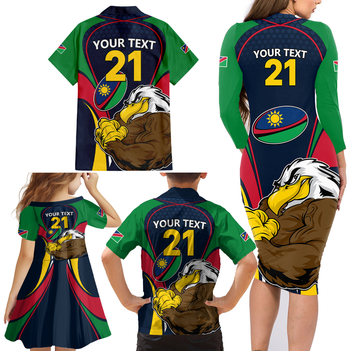 Custom Namibia Rugby Family Matching Long Sleeve Bodycon Dress and Hawaiian Shirt World Cup 2023 Eagle Mascot Come On Welwitschias LT9 - Wonder Print Shop