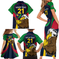 Custom Namibia Rugby Family Matching Short Sleeve Bodycon Dress and Hawaiian Shirt World Cup 2023 Eagle Mascot Come On Welwitschias - Wonder Print Shop