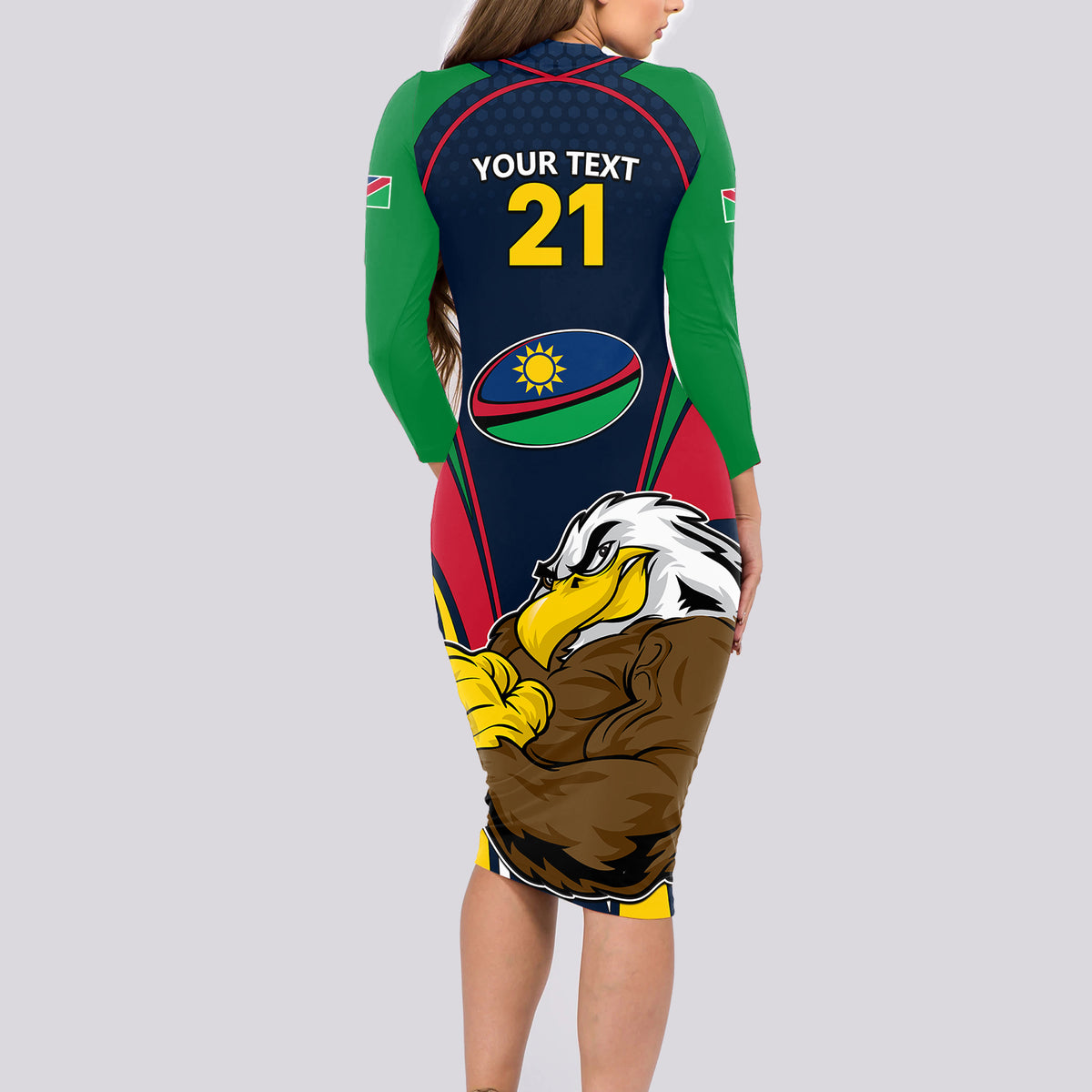 Custom Namibia Rugby Long Sleeve Bodycon Dress World Cup 2023 Eagle Mascot Come On Welwitschias - Wonder Print Shop