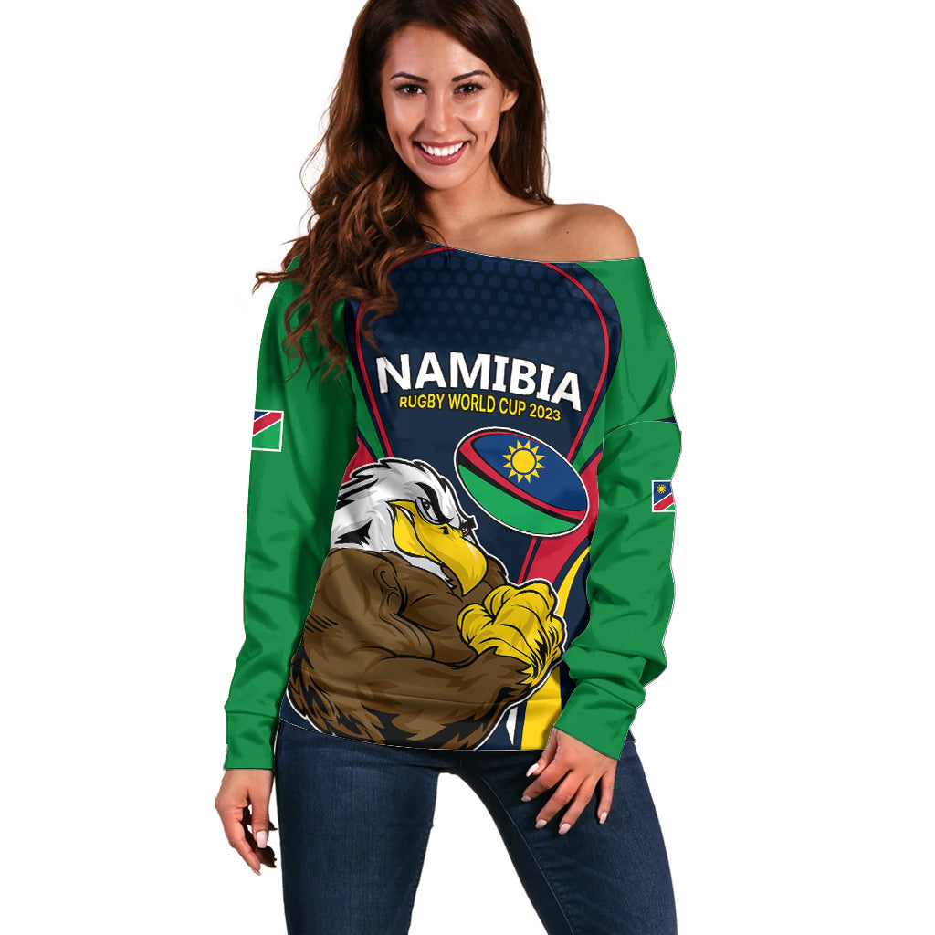Custom Namibia Rugby Off Shoulder Sweater World Cup 2023 Eagle Mascot Come On Welwitschias - Wonder Print Shop