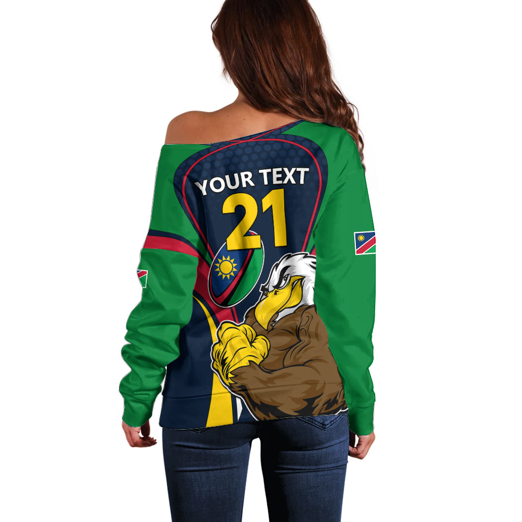 Custom Namibia Rugby Off Shoulder Sweater World Cup 2023 Eagle Mascot Come On Welwitschias - Wonder Print Shop