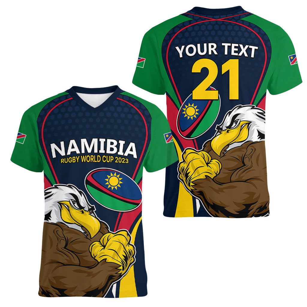 Custom Namibia Rugby Women V Neck T Shirt World Cup 2023 Eagle Mascot Come On Welwitschias - Wonder Print Shop