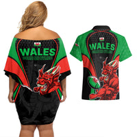 Wales Rugby Couples Matching Off Shoulder Short Dress and Hawaiian Shirt World Cup 2023 Dragon Mascot Come On Cymru LT9 - Wonder Print Shop